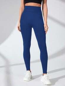 SHEIN Sports Women's Solid Color Minimalist Seamless High Elasticity Sports Leggings, Everyday Wear Tummy Control Leggings Booty Lifting Leggings High Waist Leggings Royal Blue Leggings Yoga Pants - Navy Blue - View 3