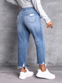 SHEIN Essnce Plus Size Women's Loose Distressed Raw Hem Cone Shape Pockets Casual Denim Jeans