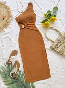 Soleia 女式无袖腰左侧镂空贝壳金属贴花纹理面料紧身迷你连衣裙，女式长裙，适合节日、约会、下午茶、度假、波西米亚风、钩针编织、亚麻 - 棕色 - 查看 4