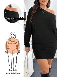 SHEIN Essnce 大码女式露肩连衣裙、斜肩连衣裙、黑色连衣裙、黑色迷你裙