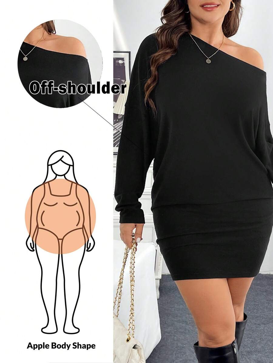 SHEIN Essnce 大码女式露肩连衣裙、斜肩连衣裙、黑色连衣裙、黑色迷你裙