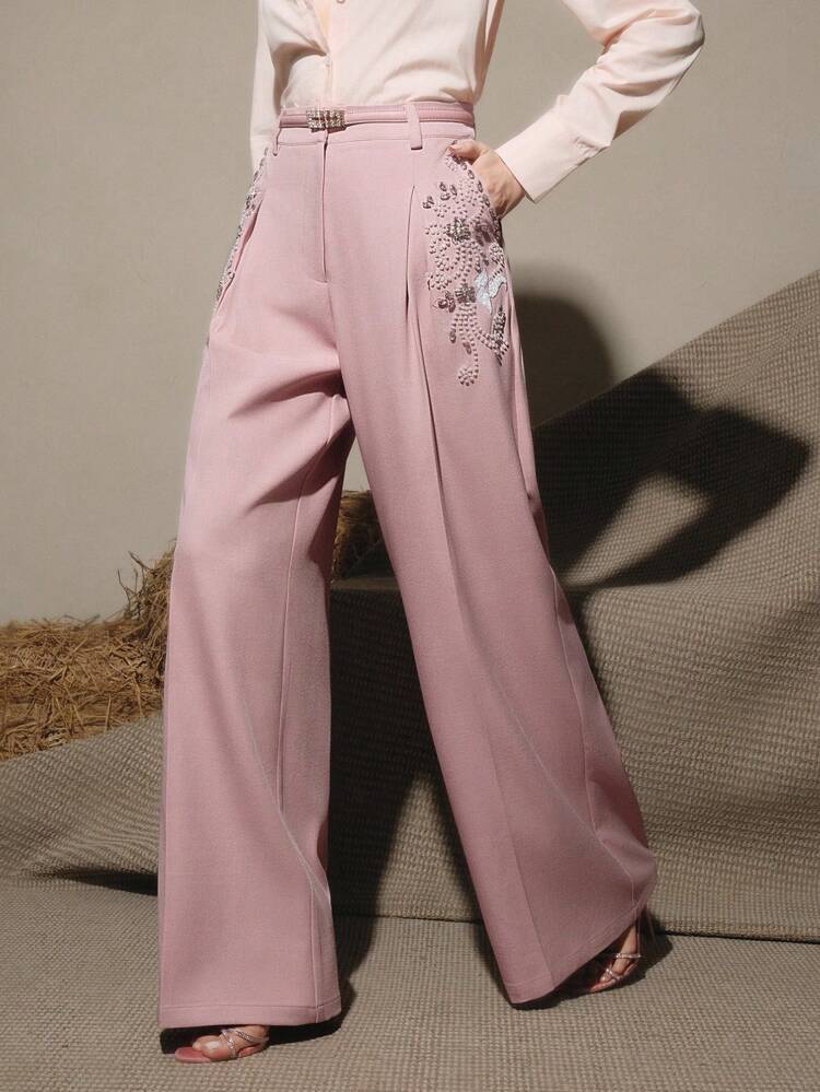 Pantalones anchos elegantes para oficina de mujer, pantalones tejidos con bordado de diamantes de lentejuelas rosas