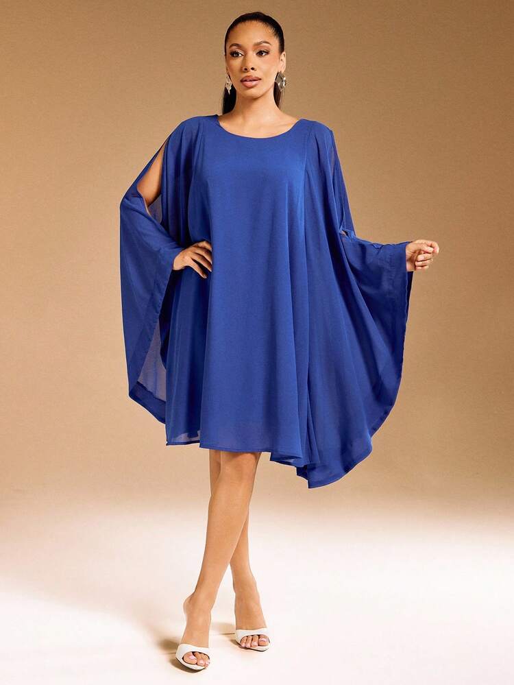ミッドスリーブ ラウンドネック ロング レース ドレス シフォン Vixey シフォン ラウンドネック ワイドスリーブ フローイング