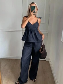Livesso V领吊带背心和阔腿裤套装，优雅 - 深色水洗藍 - 查看 3