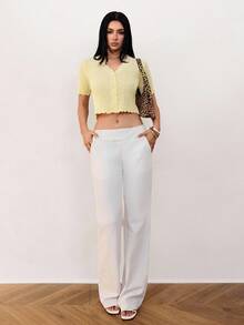 SHEIN Tall Women's Solid Color Short Sleeve Single-Breasted V-Neck Cropped Knit Top Pale Yellow Top, Tall Women - Yellow - View 3