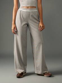 Missguided x Playboy Gestreifte Weit geschnittene Hose, gerippte Strick Palazzo Hose im Retro-Stil mit hoher Taille, lässige Schlaghose für Herbst und Winter mit Tunnelzug Bund - Verschiedenfarbig - Übersicht 5