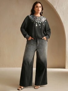 Anewsta 大码复古优雅圆领长袖亮片装饰运动衫，春秋季 - 灰色 - 查看 1