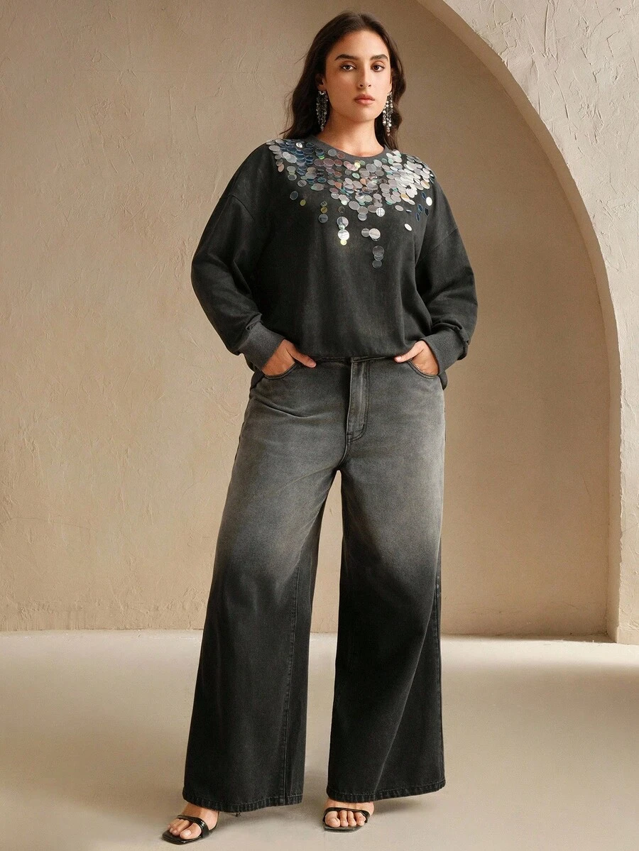 Anewsta 大码复古优雅圆领长袖亮片装饰运动衫，春秋季 - 灰色 - 查看 1