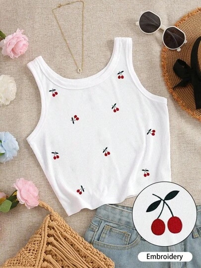 INAWLY Top ajusté sans manches pour femme avec broderie de fleurs de cerisier