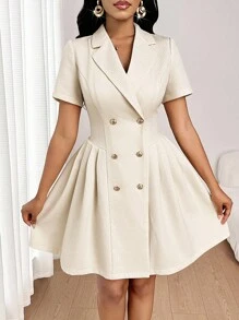 SHEIN Lady 女士优雅法式 V 领荷叶边双排扣腰 A 字短袖短裙，适合春夏季通勤 - 杏色 - 查看 3