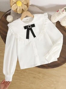 SHEIN Tween Girl Ruffle Collar White Long Sleeve Blouse, Elegant White Long Sleeve Shirt, Preppy White Shirt, Back To School, Autumn - White - View 5