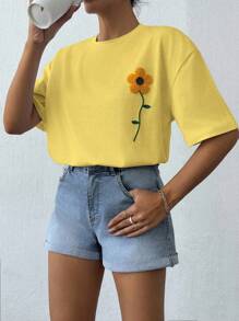EURMUSE 100%Cotton Summer Flower Flocking White T-Shirt - Yellow - View 3