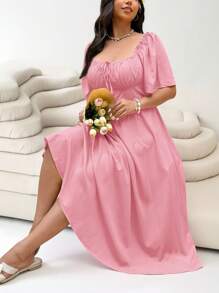 Solflare Váy dài tay ngắn màu hồng cỡ lớn, mùa xuân/hè - Hồng - Xem 3