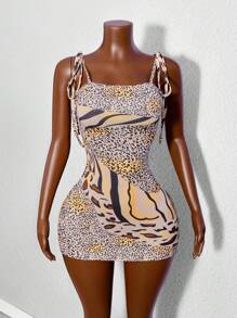 BamGleam 女式时尚印花性感修身吊带迷你连衣裙