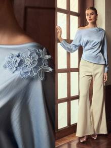 ZEYLAH 3D Flower Decor Oblique Shoulder Long Sleeve Elegant Waist Cinched Blouse, Early Autumn - Blue - View 1