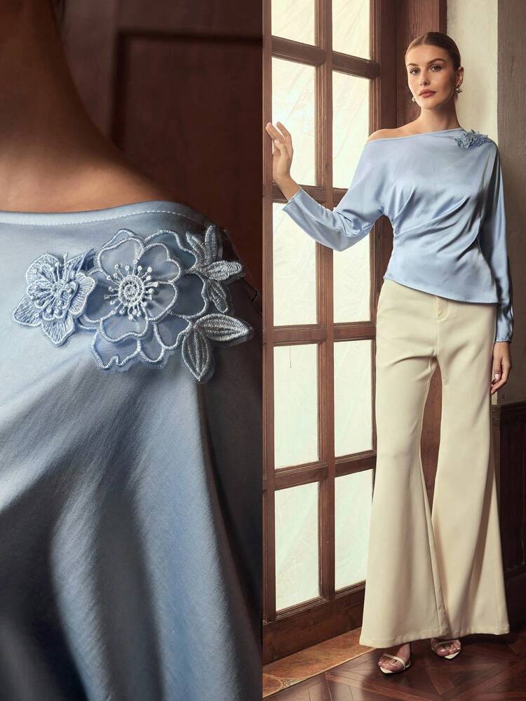 ZEYLAH 3D Flower Decor Oblique Shoulder Long Sleeve Elegant Waist Cinched Blouse, Early Autumn