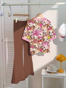 SHEIN 2pcs/Set Tween Girls Casual Loose Fit Spooky Season Jungle Animal Print Short Sleeve Round Neck T-Shirt And Flare Pants Outfit, Suitable For Summer, Autumn Outfits For, Easy Comfort, Autumn Layers For Kids, Stylish Kids, Casual Wear, Kids Graphic Clothes, Back To School, Fall Clothes, Homecoming, Suitable For Outdoor Picnic, Street Photography, Home, Campus, Halloween - Multicolor - View 2