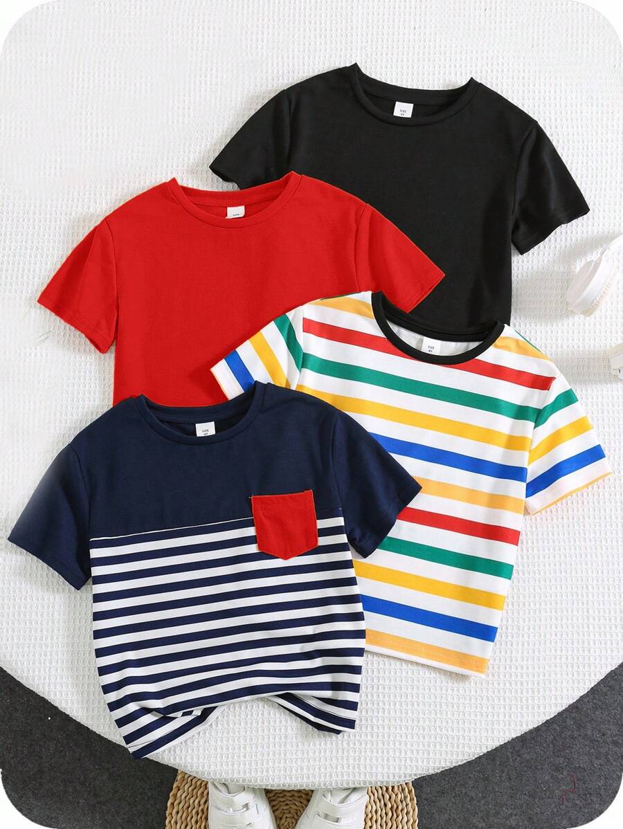 SHEIN 3+1 4 buc/set tricou bebeluși băieți/fete, confortabil, versatil, casual, cu dungi, mânecă scurtă, cu buzunar, potrivit pentru interior, exterior, zi de zi, sport, joacă, petrecere, fotografie, vacanță, primăvară/vară tricou bebeluși băieți tricou cu dungi tricou bebeluși băieți tricou de vară bebeluși băieți - Multicolor - Vizualizare 1
