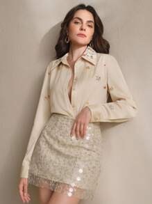 Anewsta Áo sơ mi dài tay dáng rộng cho nữ màu trơn, thêu hạt cườm, trễ vai - Màu be - Xem 3