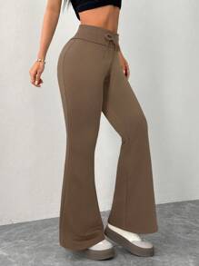 SHEIN PETITE 女式休闲灰色针织松紧腰喇叭运动裤 - 棕色 - 查看 4