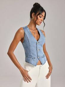 SHEIN Tall 女士休闲纽扣无袖牛仔背心 - 藍色 - 查看 5