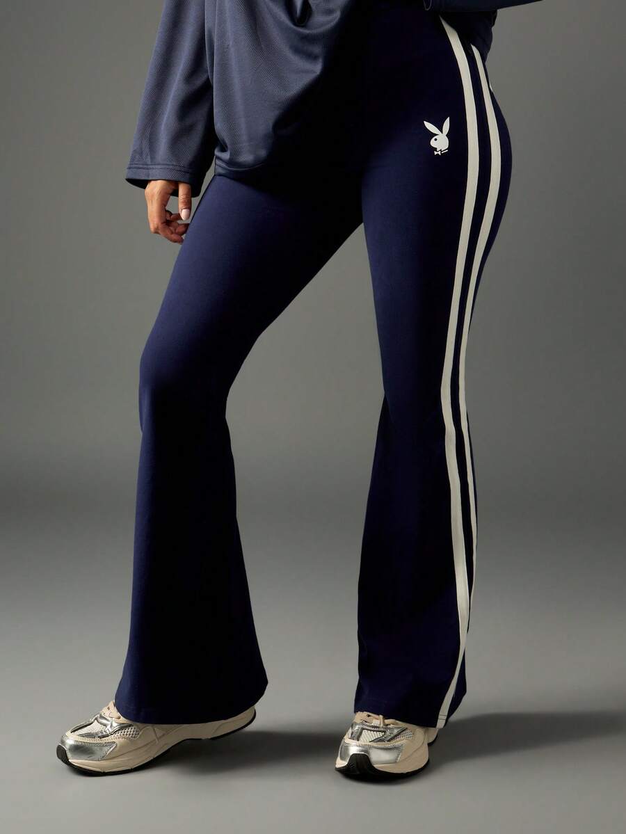 Missguided x Playboy Quần legging cạp cao ôm vừa vặn có sọc hai bên hông kiểu dáng cổ điển lấy cảm hứng từ trường đại học, thiết kế retro co giãn, quần ống loe cho mùa thu đông - Màu xanh hải quân - Xem 1