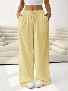 SHEIN EZwear Yellow Casual Loose Waist-Tie Plus Size Women Long Pants, Spring/Summer - Yellow - View 5