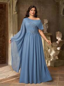 Aureia Váy phù dâu chữ A tay dài cổ lệch màu xanh lam lãng mạn thanh lịch cỡ lớn - Màu xanh bụi bặm - Xem 5