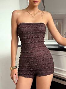 Roylia SummerGirls Women's Textured Knit Ruffle Patchwork Fitted Cropped Retro Elegant Jumpsuit Maillard Style Summer Brown - Brown - View 3