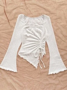 Soleia 适合新年夜的休闲白色上衣，女士休闲纯色喇叭袖不对称下摆白色长袖上衣 - 白色 - 查看 4