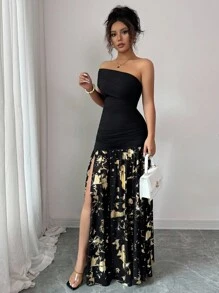 Elenzga Randomly Printed Asymmetrical Shoulder Strapless Knit Elastic Bodycon Vintage Elegant Luxurious Little Black Dress, Metallic Foil Chiffon Mermaid Low Waist Floor Length Gown For Graduation, Party, Banquet - Black - View 3