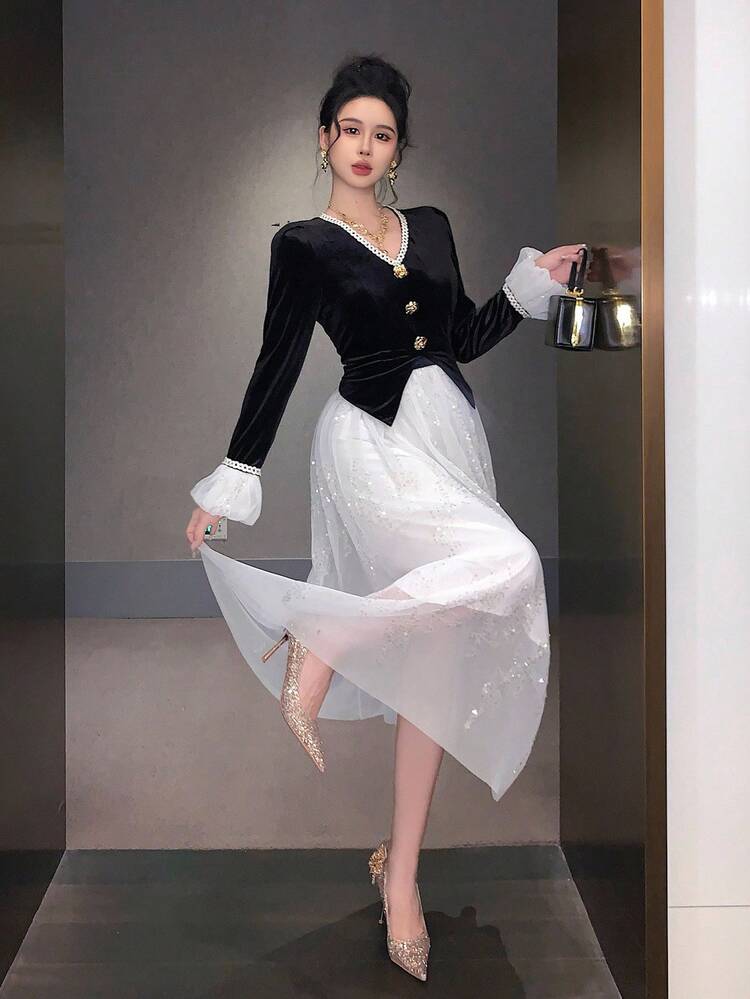 Women's Elegant Mesh Patchwork Button Decor Long Dress Prom Dress Modest Fashion Maxi Dress