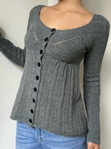 SHEIN EZwear 秋冬女士常规纯色圆领前扣长袖开衫