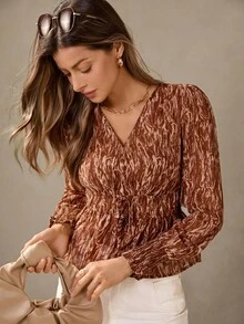 Wildy Blusas elegantes para mujer con estampado de gasa marrón, blusas con cuello en V y cinturón de color borgoña, blusas con estampado de leopardo, blusas rojas, blusas elegantes para fiestas, graduaciones y eventos sociales de manga larga