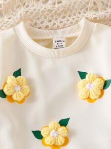 Baby Girls Casual Cute Sweatshirt Set, 3D Crochet Floral Print Pullover Top And Knitted Leggings, Autumn Outfit Fall Winter