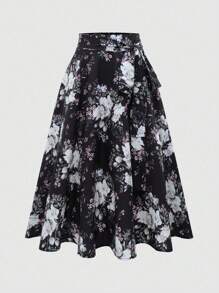 Sweetra 女士花卉印花腰带优雅 A 字裙，度假风格 - 黑色 - 查看 6