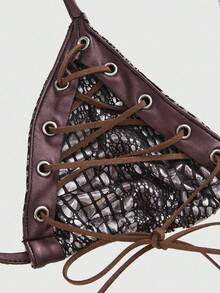 ROMWE Hippie Y2K Sexy Lace-Up Faux Fur Bikini Set For Women - Pink - View 7