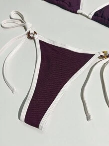 Swim Vcay 女士度假海滩撞色饰边泳衣套装 - 酒紅色 - 查看 4