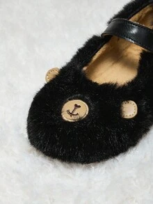 Autumn/Winter Fashion Versatile Casual Cute Plush Bear Lining Warm Anti-Slip Flats For Toddler Girls - Black - View 7