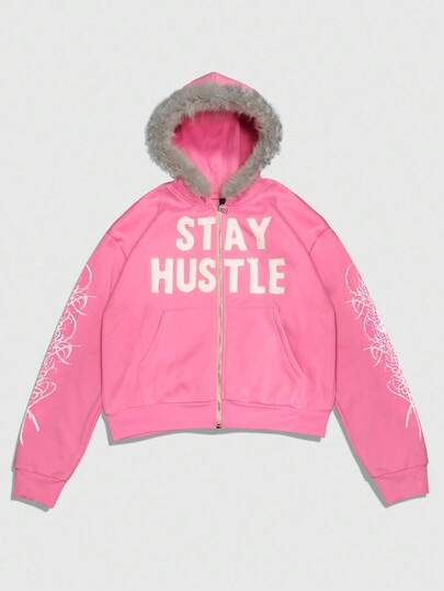 Street Life Sudadera de hombre con cuello esponjoso, estampado gráfico bordado, estilo suelto y corto, para otoño e invierno