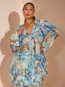 SHEIN BAE Plus Size Women Flounce Marble Print Long Sleeve Sheer Blouse, Elegant Casual Vacation Tops/Long Sleeve Top/Summer Top/Fall Wedding Guest Top Curve/Club Women Sexy/Teacher Plus Size/Halloween Plus Size/Halloween/Airport/Western/Back To School/Birthday Top For Women/Plus Size Top/Holiday/Rave,Fall - Blue - View 5