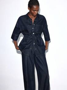 Maija Blouse en jean ample avec ceinture nouée et boutons pour femmes