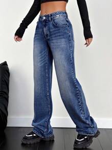 SHEIN PETITE Slant Pocket Wide Leg Jeans - Dark Wash - View 4