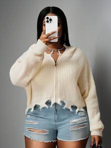 Slaydiva 杏色加大码女式落肩长袖做旧拉链连帽开衫 - 米色 - 查看 6