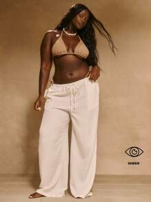 MUSERA 大码中腰阔腿抽绳腰带优雅可爱性感长裤，适合度假沙滩装、夏季休闲日常穿着，也可作为罩衫或沙滩装。 - 白色 - 查看 1