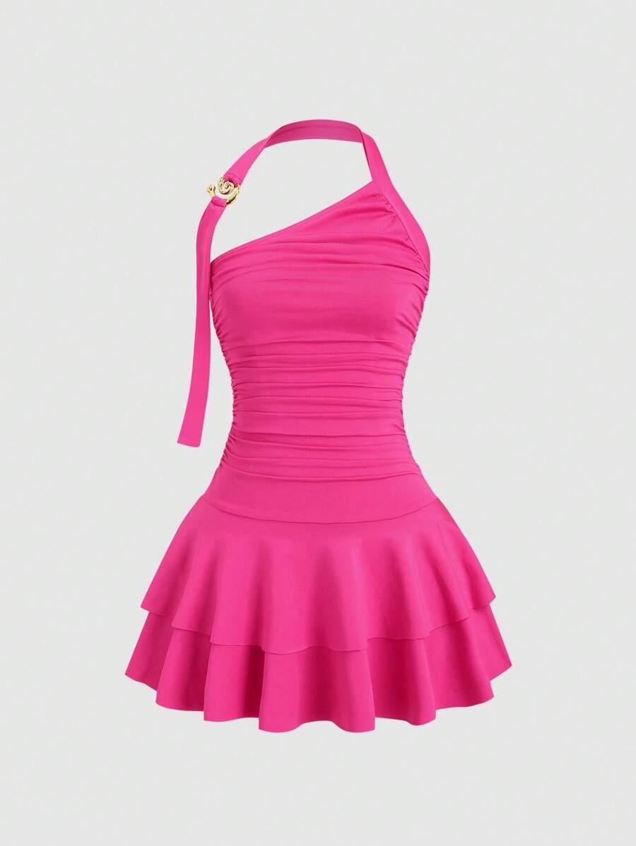 SHEIN Unity Thiết kế mới Halter Spiral Gold Decor Cinched Waist Cake Skirt Hem Mini Dress dành cho nữ - Màu Hồng Tươi - Xem 1