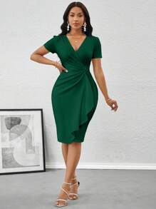 SHEIN Lady Váy midi ôm eo xếp nếp thanh lịch dành cho nữ, Váy dự tiệc sinh nhật và sự kiện mùa hè/Váy công sở/Váy đi nhà thờ/Váy cưới/Váy ngày lễ/Váy trắng - Màu xanh lá cây đậm - Xem 7