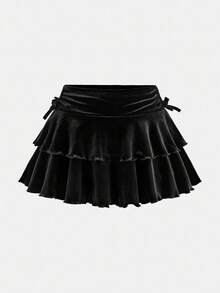 SHEIN Tween Girl Street 休闲黑色天鹅绒纯色抽绳腰部褶皱半身裙 - 黑色 - 查看 6