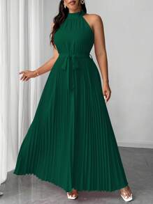 Elenzga Váy dự tiệc cưới thanh lịch lãng mạn cỡ lớn dành cho nữ, cổ yếm, thắt eo, xếp ly - Màu xanh lá cây đậm - Xem 5