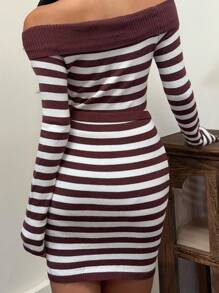 SHEIN EZwear Damen gestreiftes Off-Shoulder langärmliges figurbetontes Strickkleid, Herbst-Winter-Kleidung für Frauen - Braun - Übersicht 2